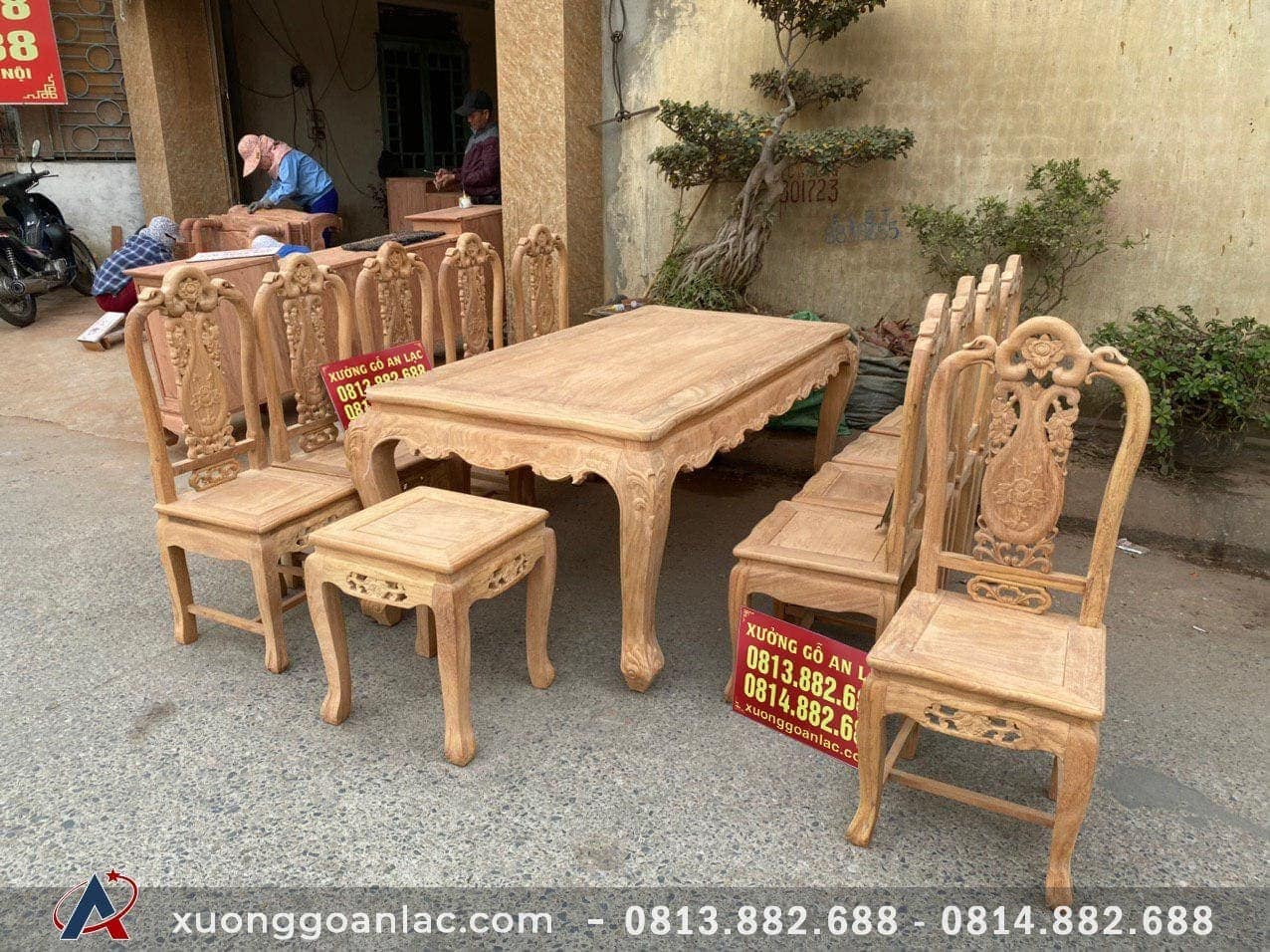 Bộ bàn ăn 10 ghế gỗ Gõ Đỏ đục 2 mặt mẫu Louis Hoa Hồng (Chú Sáng, Ninh Bình) 3 bàn ăn gỗ gõ đỏ tự nhiên