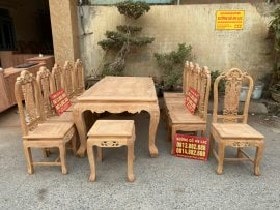 Bộ bàn ăn 10 ghế gỗ Gõ Đỏ đục 2 mặt mẫu Louis Hoa Hồng (Chú Sáng, Ninh Bình) 8 bàn ăn gỗ gõ đỏ cao cấp