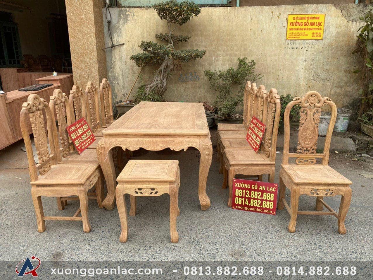 Bộ bàn ăn 10 ghế gỗ Gõ Đỏ đục 2 mặt mẫu Louis Hoa Hồng (Chú Sáng, Ninh Bình) 4 bàn ăn gỗ gõ đỏ cao cấp