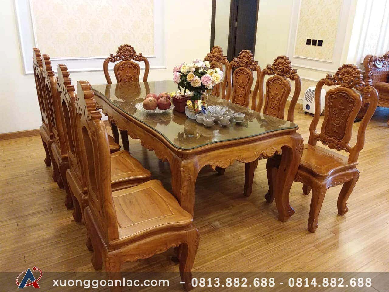 Bộ bàn ghế ăn mẫu Louis hoa hồng 8 ghế gỗ gõ đỏ (Chú Phong, Bắc Ninh) 4 Bộ bàn ghế ăn mẫu Louis hoa hồng 10 ghế gỗ gõ đỏ - Chú Phong, Bắc Ninh