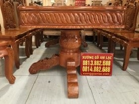 Bộ bàn ăn 8 ghế mẫu Louis Hoa Hồng gỗ Gõ Đỏ chọn vân VIP (Chú Hòa, Sơn Tây) 8 Yếm chạm sen dẹo, 2 chân trụ 18cm, kiềng 3 chân chắc chắn