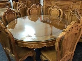Bộ bàn ghế ăn gỗ gõ đỏ 8 ghế giá 26tr - bàn tròn, ghế đục hoa lá tây