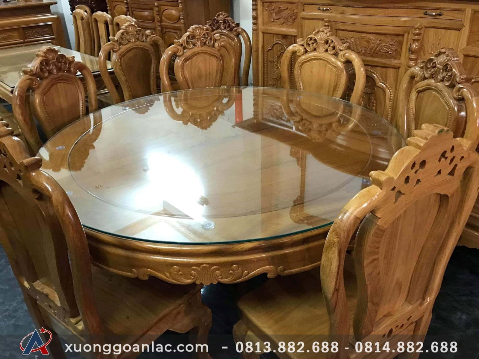 Bộ bàn ghế ăn gỗ gõ đỏ 6 ghế - bàn tròn, ghế đục hoa lá tây 4 Bộ bàn ghế ăn gỗ gõ đỏ 8 ghế giá 26tr - bàn tròn, ghế đục hoa lá tây