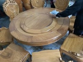 Bộ bàn ăn tròn 8 ghế louis gỗ gõ đỏ 2 tầng (mâm xoay) 8 Bàn tròn xoay 2 tầng