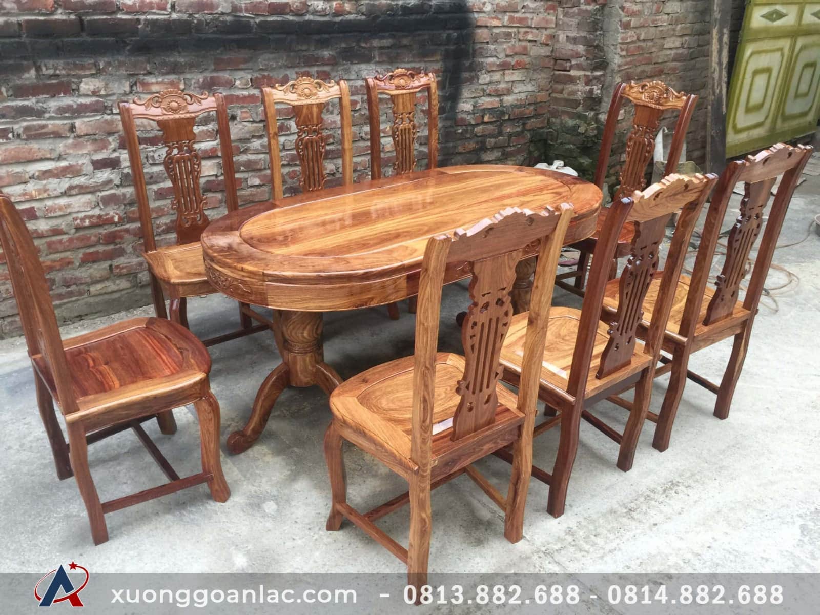 Bộ bàn ghế ăn gỗ hương Việt 8 ghế phun bóng vân trần 6 Bộ bàn ghế ăn gỗ hương vân 8 ghế phun bóng vân trần