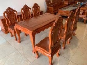 Bộ bàn ăn 6 ghế 1 bàn chữ nhật gỗ hương đá phong cách hoàng gia 8 Bộ bàn ăn chữ nhật 6 ghế đục Hoa Lá Tây gỗ hương đá