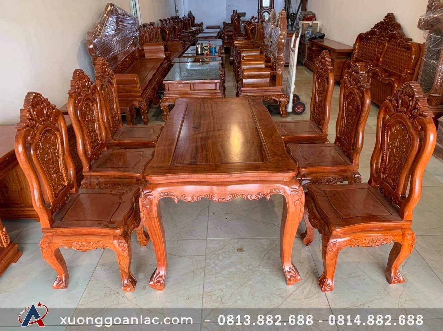 Bộ bàn ăn 6 ghế 1 bàn chữ nhật gỗ hương đá phong cách hoàng gia 12 bộ bàn ăn hoa lá tây 6 ghế 1 bàn