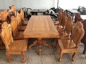 Bộ Bàn Ăn 8 Ghế Gỗ Gõ Đỏ mẫu đục hoa lá tây mặt tràn chữ nhật bàn 1,8m x 90cm - Anh Giáp, Tuyên Quang