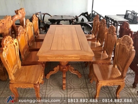 Bộ Bàn Ăn 8 Ghế Gỗ Gõ Đỏ mẫu đục hoa lá tây mặt tràn chữ nhật bàn 1,8m x 90cm - Anh Giáp, Tuyên Quang