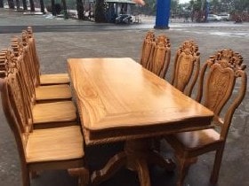 Bộ Bàn Ghế Ăn Gỗ Gõ Mẫu Đục Hoa Hồng 8 Ghế Bàn Chữ Nhật - Anh Mạnh, Hải Dương