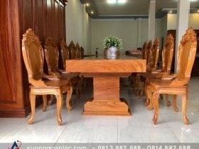 Bộ bàn ăn nguyên khối gỗ gõ đỏ 10 ghế đục hoa lá tây (Anh Hải, Đà Nẵng)
