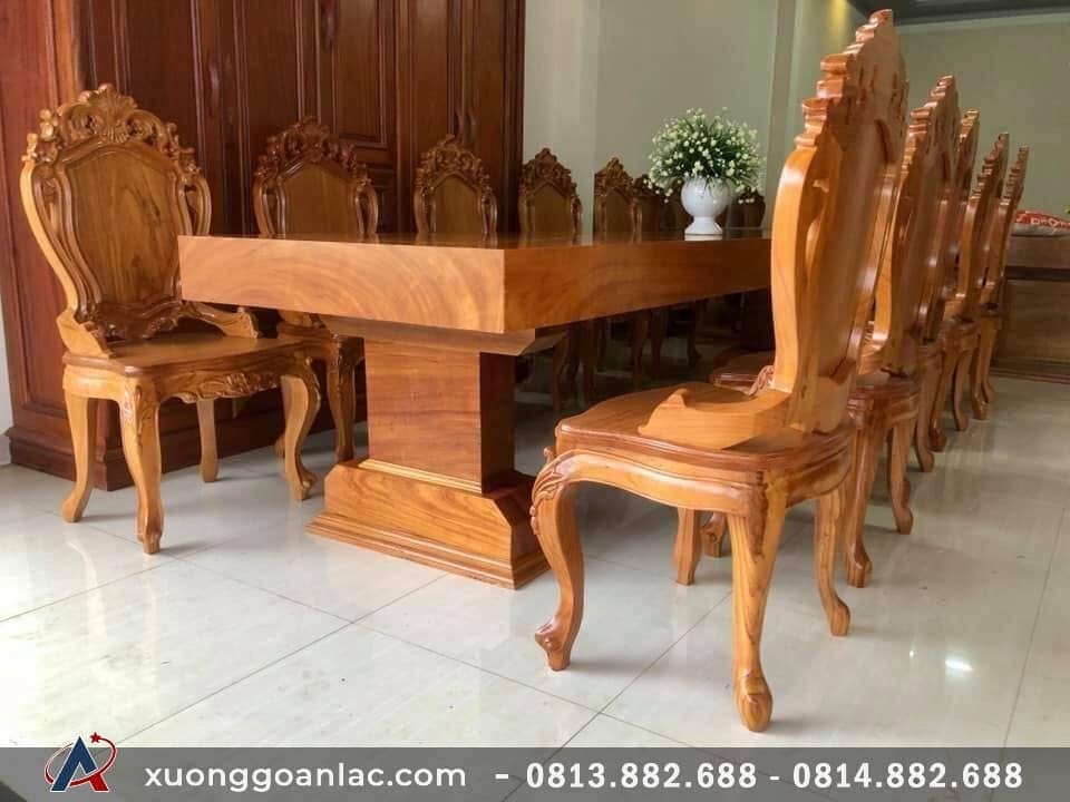 Bộ bàn ăn nguyên khối gỗ gõ đỏ 10 ghế đục hoa lá tây (Anh Hải, Đà Nẵng) 16 bộ bàn ghế ăn gỗ gõ cao cấp