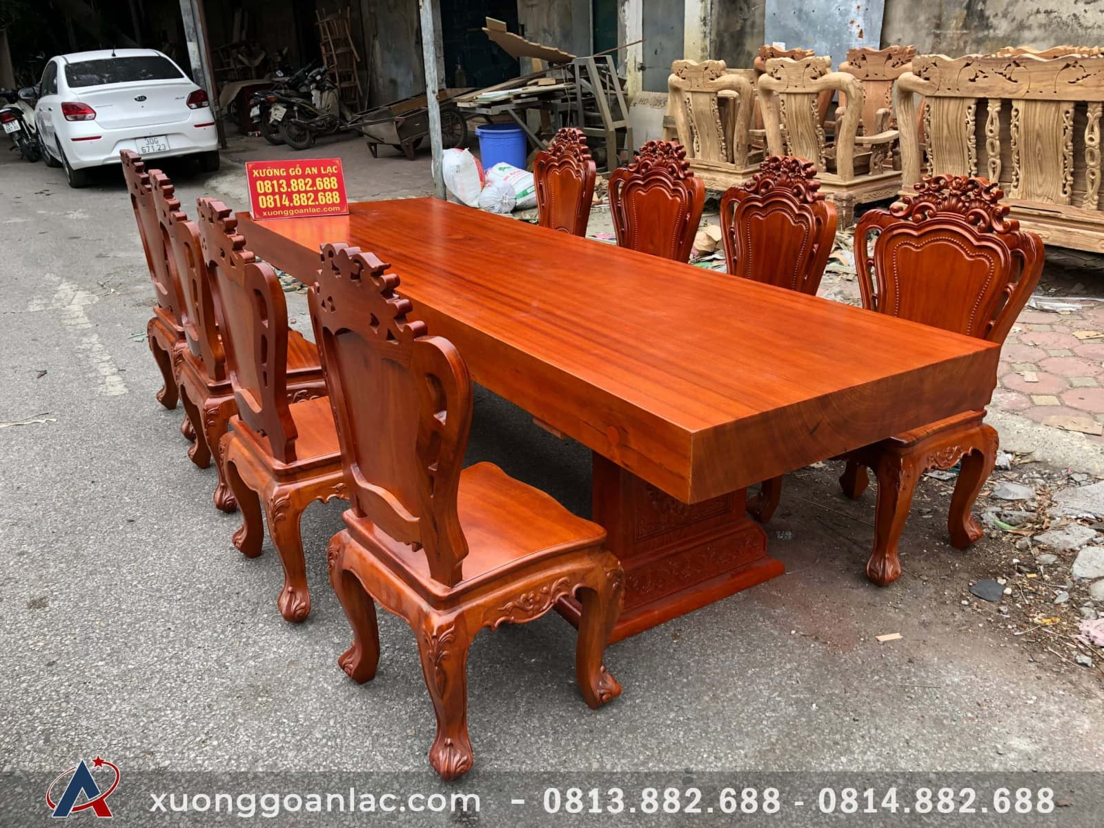 Bộ bàn ăn nguyên khối 8 ghế louis đục 1 mặt gỗ gõ đỏ (Anh Nhật, Lạng Sơn) 22 bộ bàn ghế cao cấp