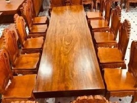 Bàn ăn nguyên khối gỗ gõ đỏ 301x90x15cm bộ 10 ghế louis (Chị Ngân, Hà Nội)
