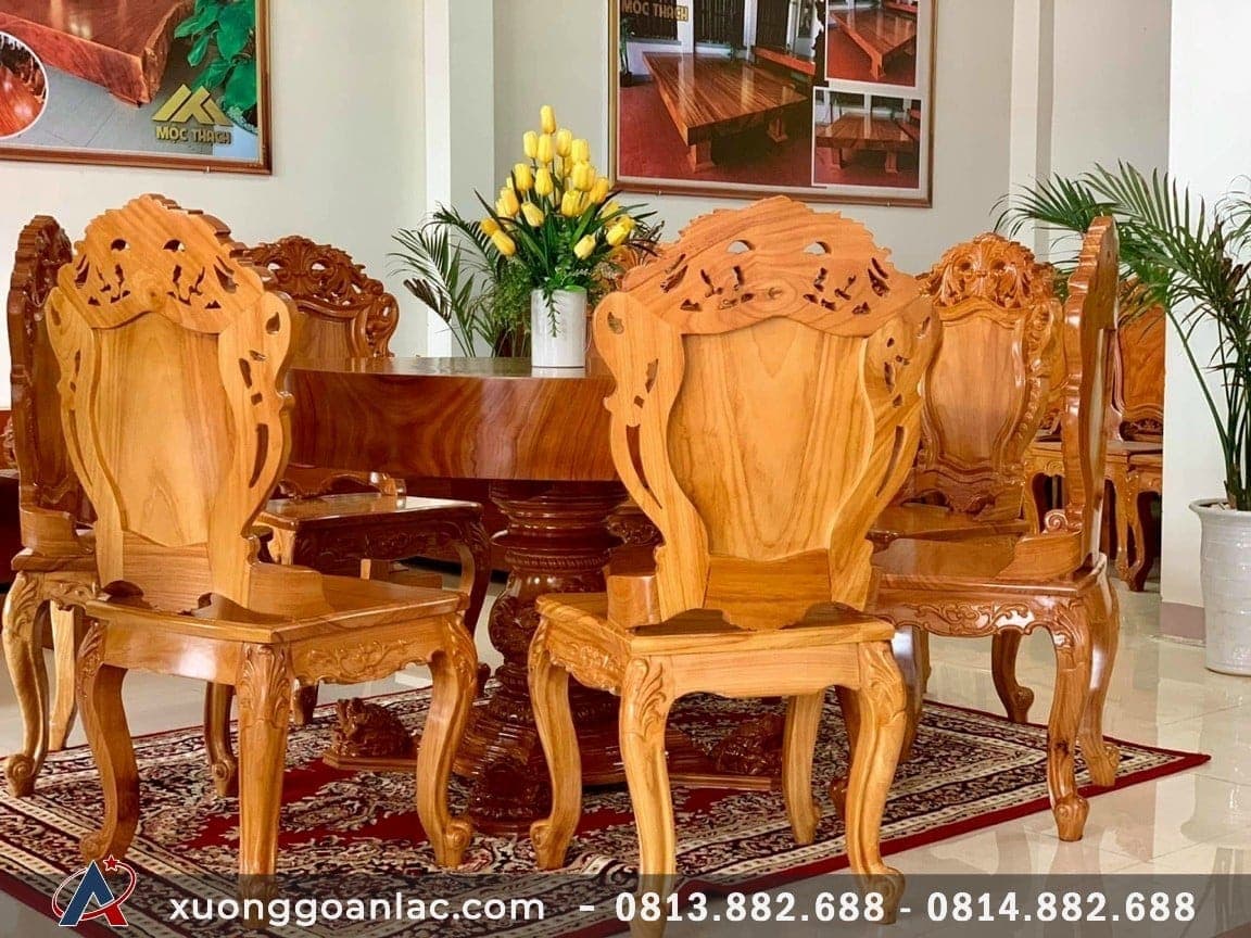 Bộ bàn ăn tròn nguyên khối gỗ gõ đỏ 7 ghế đục hoa lá tây (Anh Sơn, Hà Nội) 10 bàn ăn tròn gỗ gõ đỏ