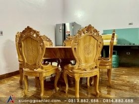 Bộ bàn ăn tròn nguyên khối 8 ghế gỗ gõ đỏ đục hoa lá tây (Chị Thủy, Vinhomes Times City) 4 Bàn ăn đặc nguyên khối đường kính 140cm dày 17cm