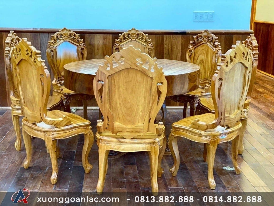 Bộ bàn ăn tròn nguyên khối 1m5x16cm gỗ gõ đỏ 8 ghế hoa lá tây (Anh Mạnh, Hà Nội) 9 Bộ bàn ăn nguyên khối gỗ gõ