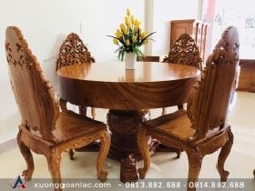 Bộ bàn ăn tròn nguyên khối gỗ gõ đỏ 6 ghế hoàng gia (Chị Uyên, Bắc Ninh) 9 Bàn tròn nguyên khối dày 18 phân