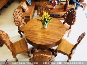 Bộ bàn ăn tròn nguyên khối gỗ gõ đỏ 8 ghế hoàng gia (Chị Uyên, Bắc Ninh)