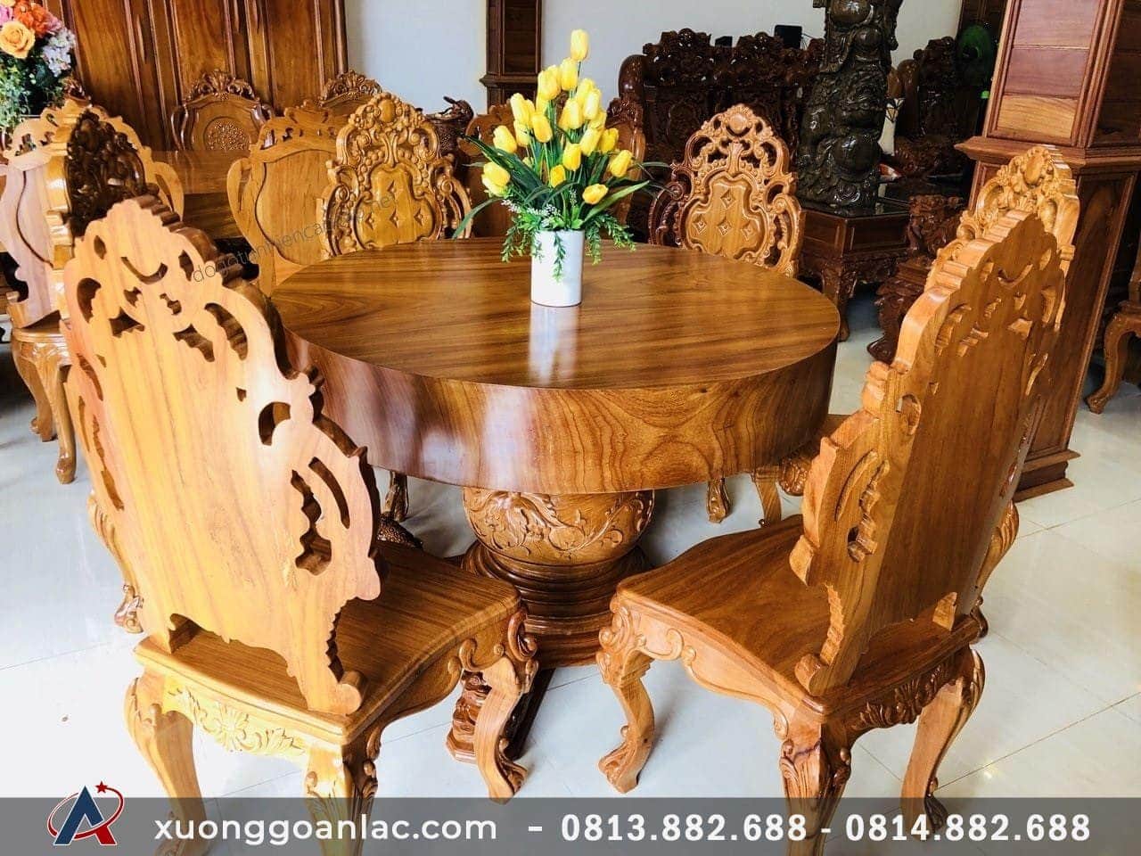 Bộ bàn ăn tròn nguyên khối gỗ gõ đỏ 6 ghế hoàng gia (Chị Uyên, Bắc Ninh) 20 bàn ăn nguyên khối chân trụ lục bình