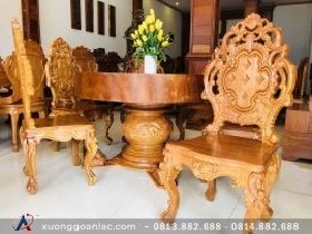 Bộ bàn ăn tròn nguyên khối gỗ gõ đỏ 6 ghế hoàng gia (Chị Uyên, Bắc Ninh) 13 Ghế ăn phong cách hoàng gia Pháp được gia công rất cầu kỳ đảng cấp
