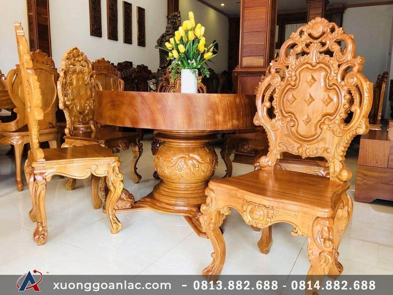 Bộ bàn ăn tròn nguyên khối gỗ gõ đỏ 6 ghế hoàng gia (Chị Uyên, Bắc Ninh) 15 bàn ăn nguyên khối vip