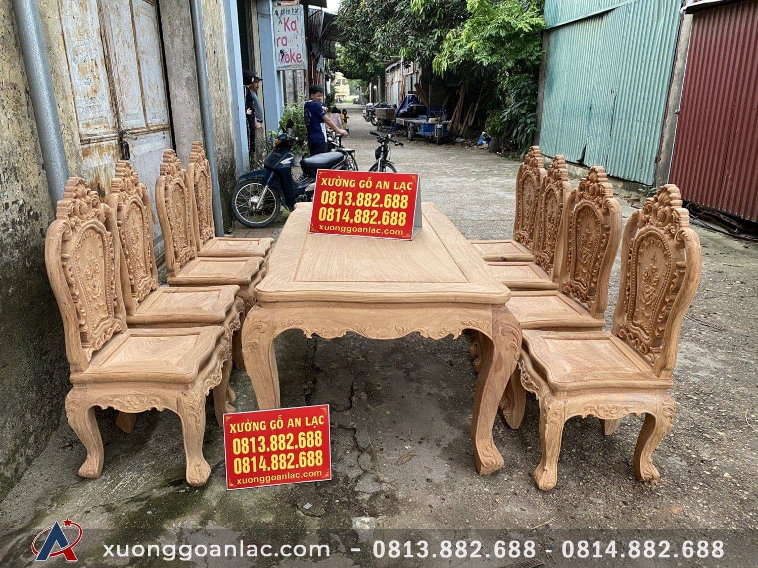 Bộ bàn ăn chữ nhật 8 ghế mẫu Luois hoa hồng gỗ gõ đỏ (Anh Trường, Hà Nội) 8 bàn ăn gỗ gõ đỏ chất lượng