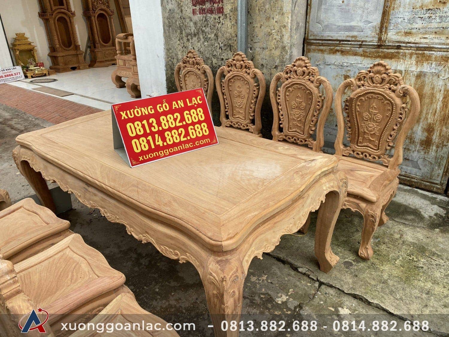Bộ bàn ăn chữ nhật 8 ghế mẫu Luois hoa hồng gỗ gõ đỏ (Anh Trường, Hà Nội) 7 bàn ăn gỗ gõ đỏ hoàn thiện kỹ