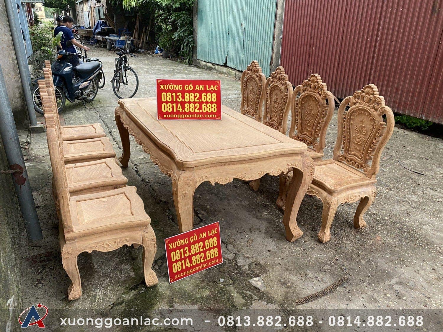 Bộ bàn ăn chữ nhật 8 ghế mẫu Luois hoa hồng gỗ gõ đỏ (Anh Trường, Hà Nội) 6 bàn ăn gỗ gõ đỏ nguyên mộc