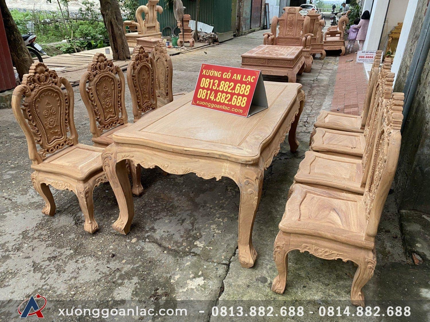 Bộ bàn ăn chữ nhật 8 ghế mẫu Luois hoa hồng gỗ gõ đỏ (Anh Trường, Hà Nội) 4 bàn ăn gỗ gõ đỏ