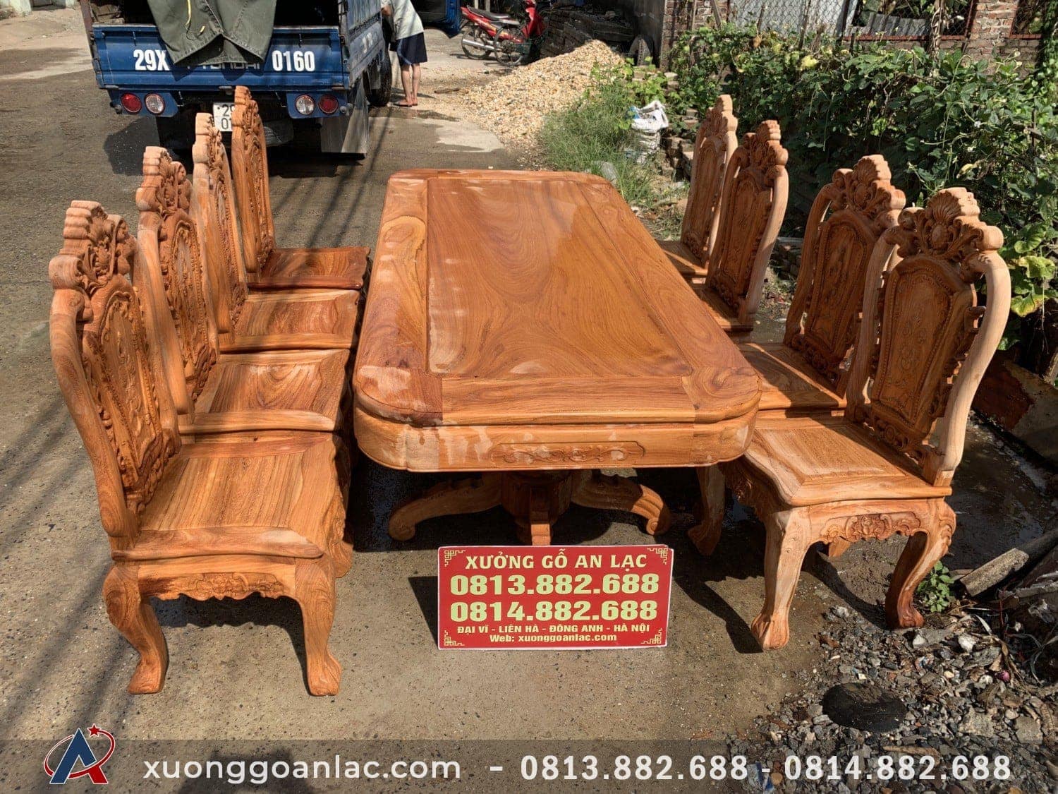 Bộ bàn ghế ăn mẫu Louis hoa hồng gỗ gõ 8 ghế (Chị Huyền, TP Huế) 13 Bộ bàn ghế ăn 100% gỗ kate nguyên khối, không chắp ghép, lựa gỗ tốt vân đẹp