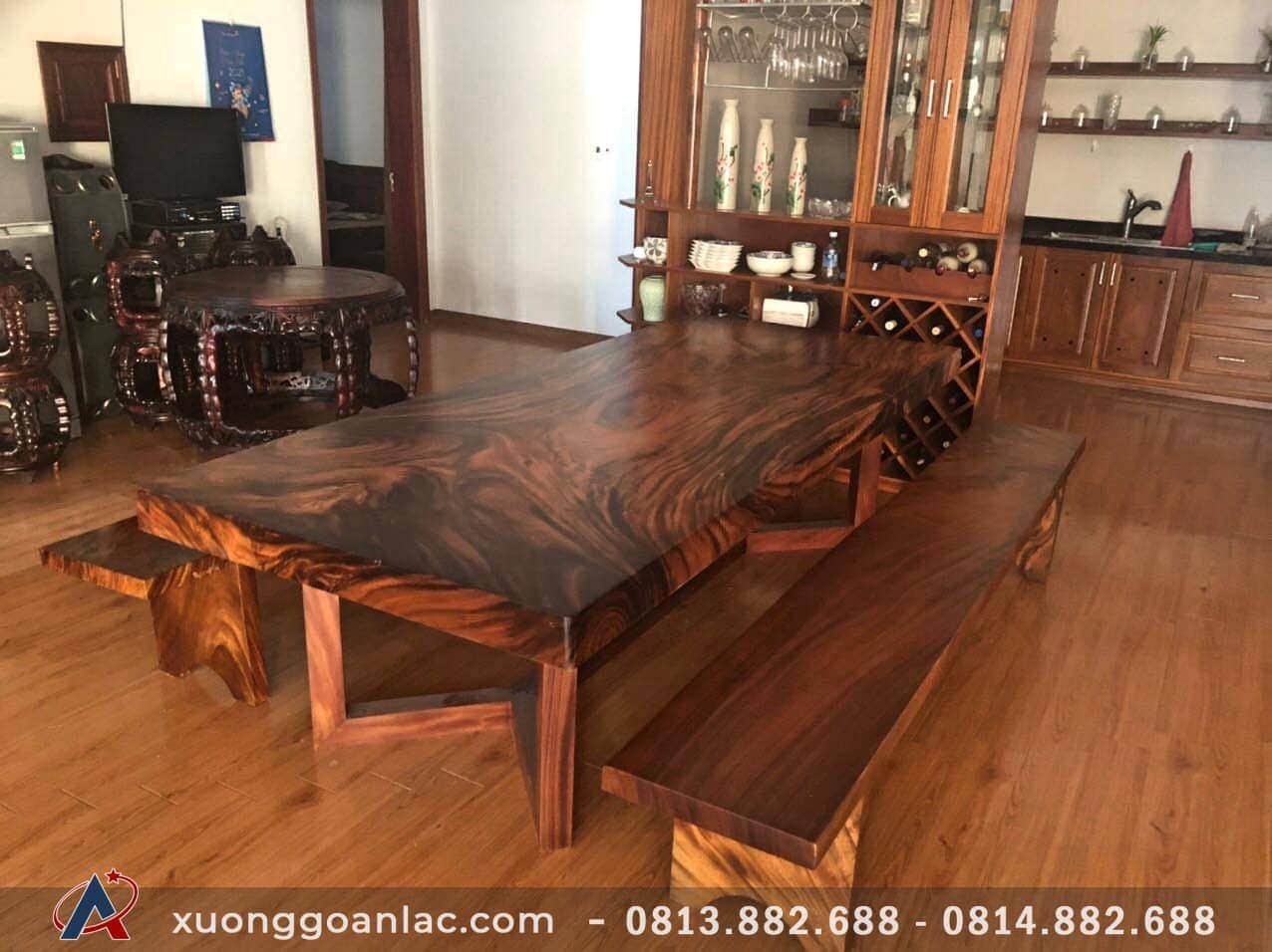 Bộ bàn ăn gỗ me tây 3 tấm liền khối hàng siêu vân (Anh Thiệp, Hải Dương) 14 Trọn bộ bàn ghế me tây tự nhiên chân gỗ