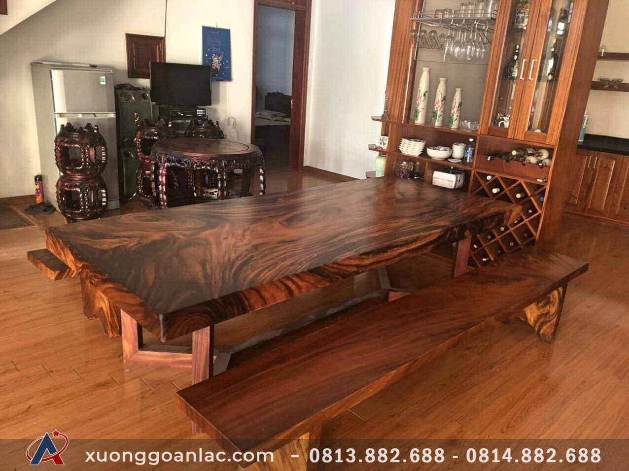 Bộ bàn ăn gỗ me tây 3 tấm liền khối hàng siêu vân (Anh Thiệp, Hải Dương) 13 Trọn bộ bàn ghế ăn me tây tự nhiên chân gỗ