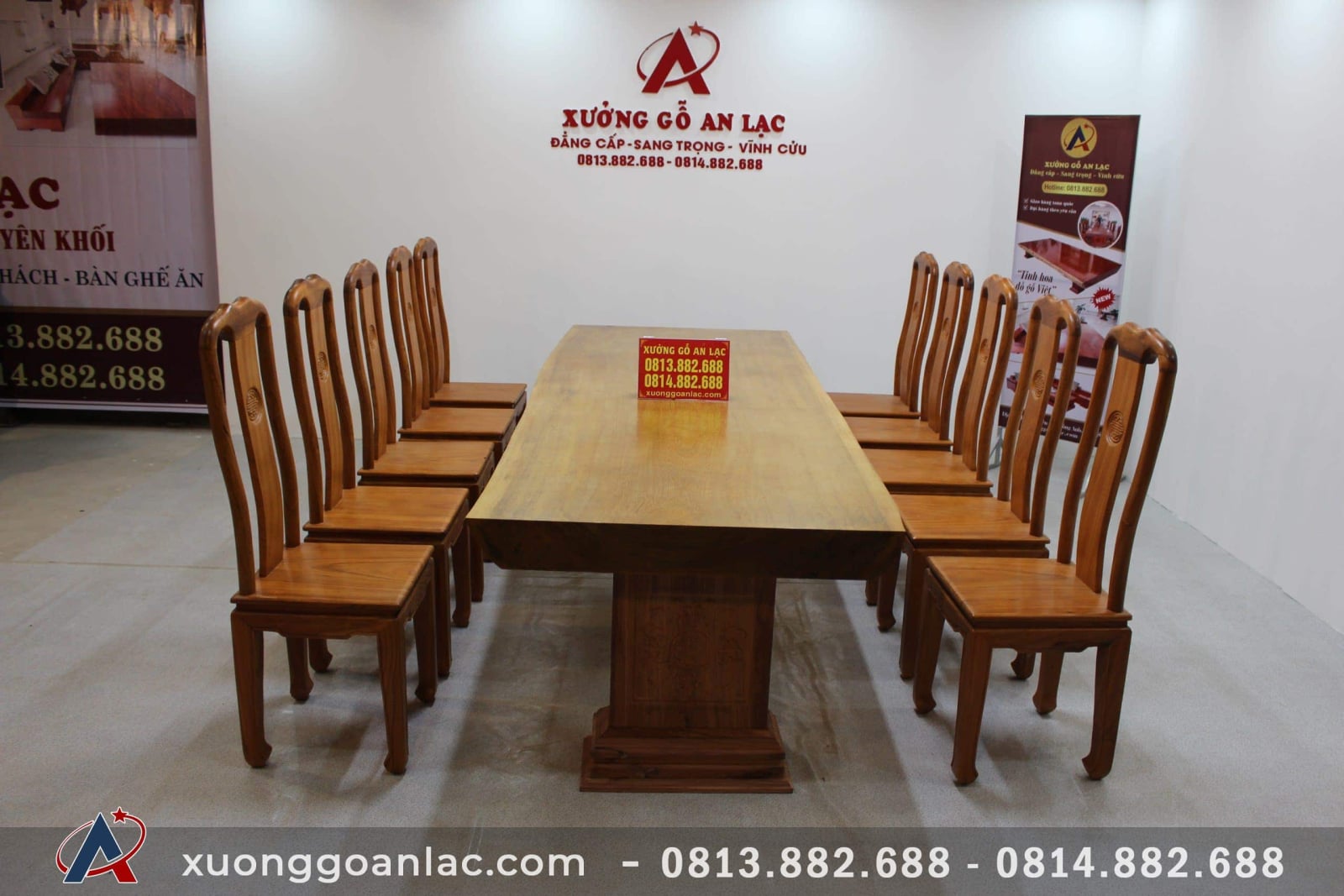 Bộ bàn ăn nguyên khối dài 3m03 với 10 ghế thọ gõ gõ đỏ cao cấp 1 bộ bàn ăn nguyên khối gỗ gõ đỏ