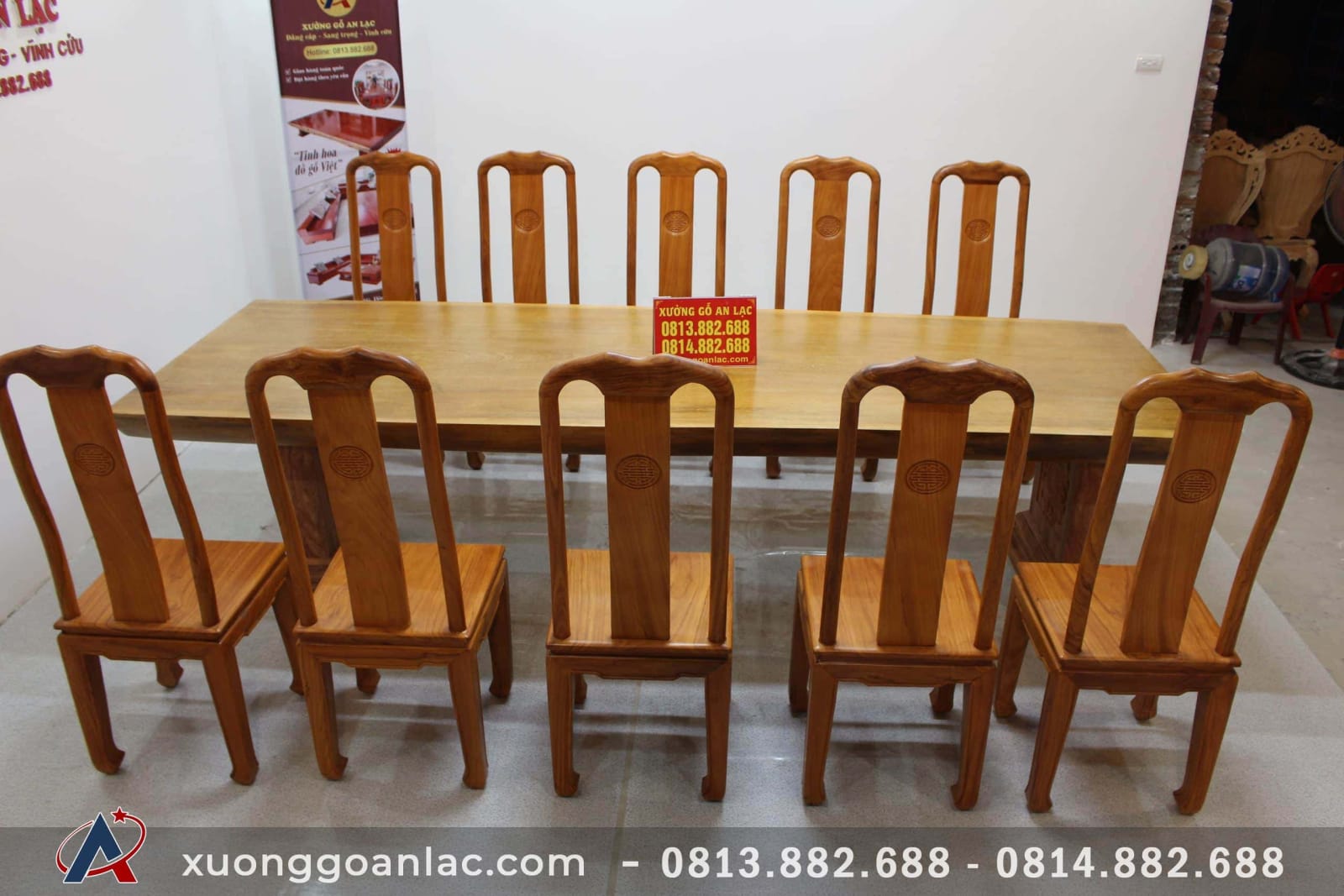 Bộ bàn ăn nguyên khối dài 3m03 với 10 ghế thọ gõ gõ đỏ cao cấp 8 bộ bàn ăn 10 ghế