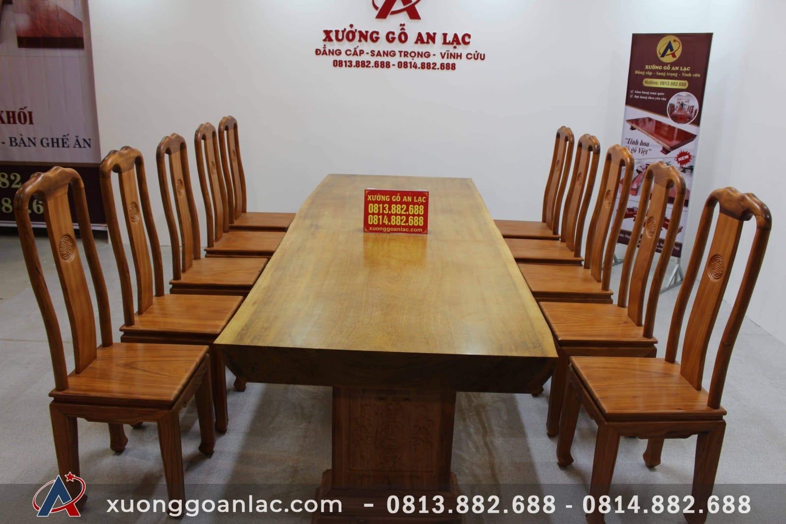 Bộ bàn ăn nguyên khối dài 3m03 với 10 ghế thọ gõ gõ đỏ cao cấp 2 bộ bàn ăn nguyên khối gỗ gõ đỏ