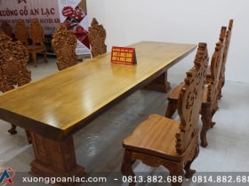 Bàn ăn mặt phe nguyên khối gỗ gõ đỏ 3m03 với 6 ghế louis hoàng gia đục tựa cong 12 bàn ăn gỗ gõ đỏ