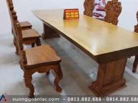 Bàn ăn mặt phe nguyên khối gỗ gõ đỏ 3m03 với 6 ghế louis hoàng gia đục tựa cong 11 bàn nguyên khối ghế louis hoàng gia
