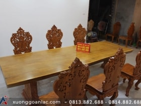 Bàn ăn mặt phe nguyên khối gỗ gõ đỏ 3m03 với 6 ghế louis hoàng gia đục tựa cong 14 bộ bàn ăn nguyên phe