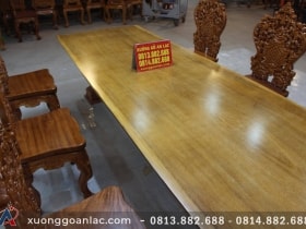 Bàn ăn mặt phe nguyên khối gỗ gõ đỏ 3m03 với 6 ghế louis hoàng gia đục tựa cong 13 Bàn phe nguyên khối ghế louis hoang gia đục tựa cong