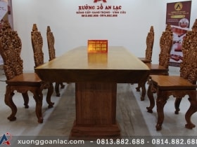 Bàn ăn mặt phe nguyên khối gỗ gõ đỏ 3m03 với 6 ghế louis hoàng gia đục tựa cong 9 Bàn phe nguyên khối ghế louis hoang gia đục tựa cong