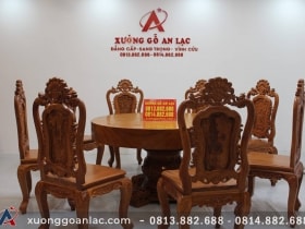 Bộ bàn ăn tròn nguyên khối 8 ghế louis hoa hồng gỗ gõ đục tay siêu vip 11 bàn tròn nguyên khối gỗ gõ đỏ vip ghế hoa hồng louis đục tay