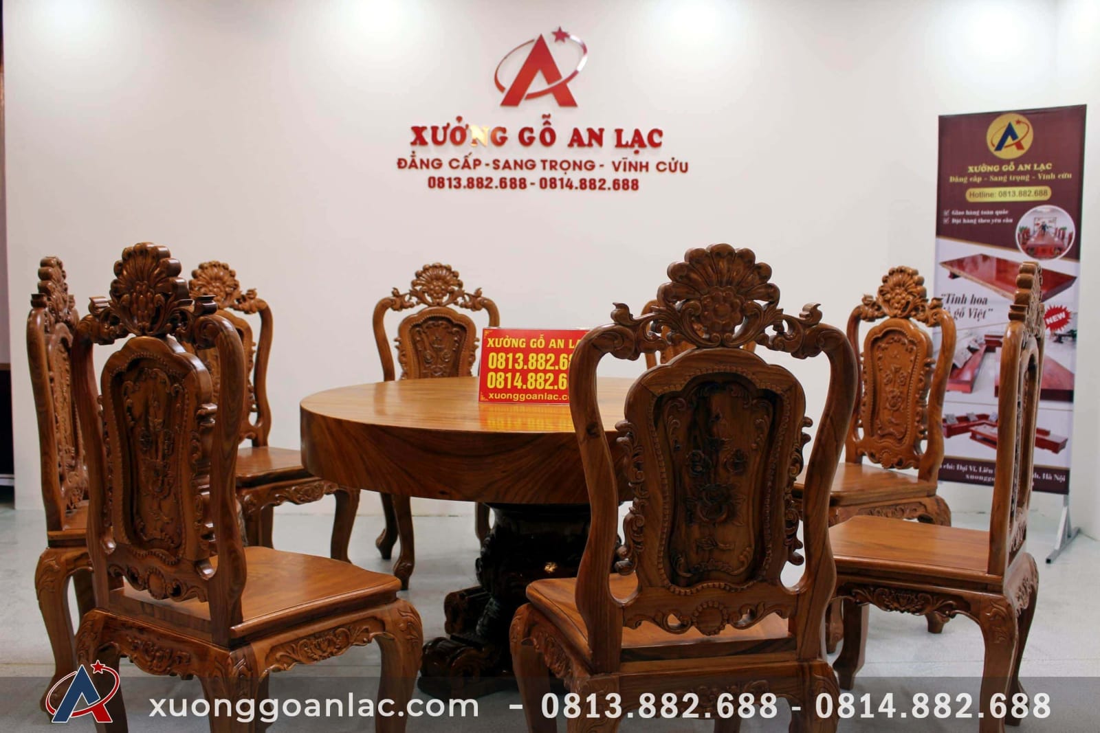 Bộ bàn ăn tròn nguyên khối 8 ghế louis hoa hồng gỗ gõ đục tay siêu vip 8 bàn tròn nguyên khối gỗ gõ đỏ vip ghế hoa hồng louis đục tay