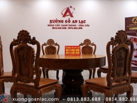 Bộ bàn ăn tròn nguyên khối 8 ghế louis hoa hồng gỗ gõ đục tay siêu vip 9 bàn tròn nguyên khối gỗ gõ đỏ vip ghế hoa hồng louis đục tay