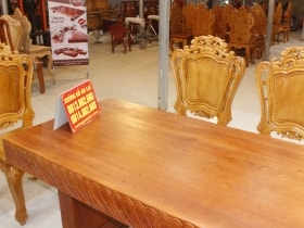 Bộ bàn ăn nguyên khối 10 ghế hoa lá tây gỗ hương đá cao cấp 27 bàn ăn gỗ nguyên khối