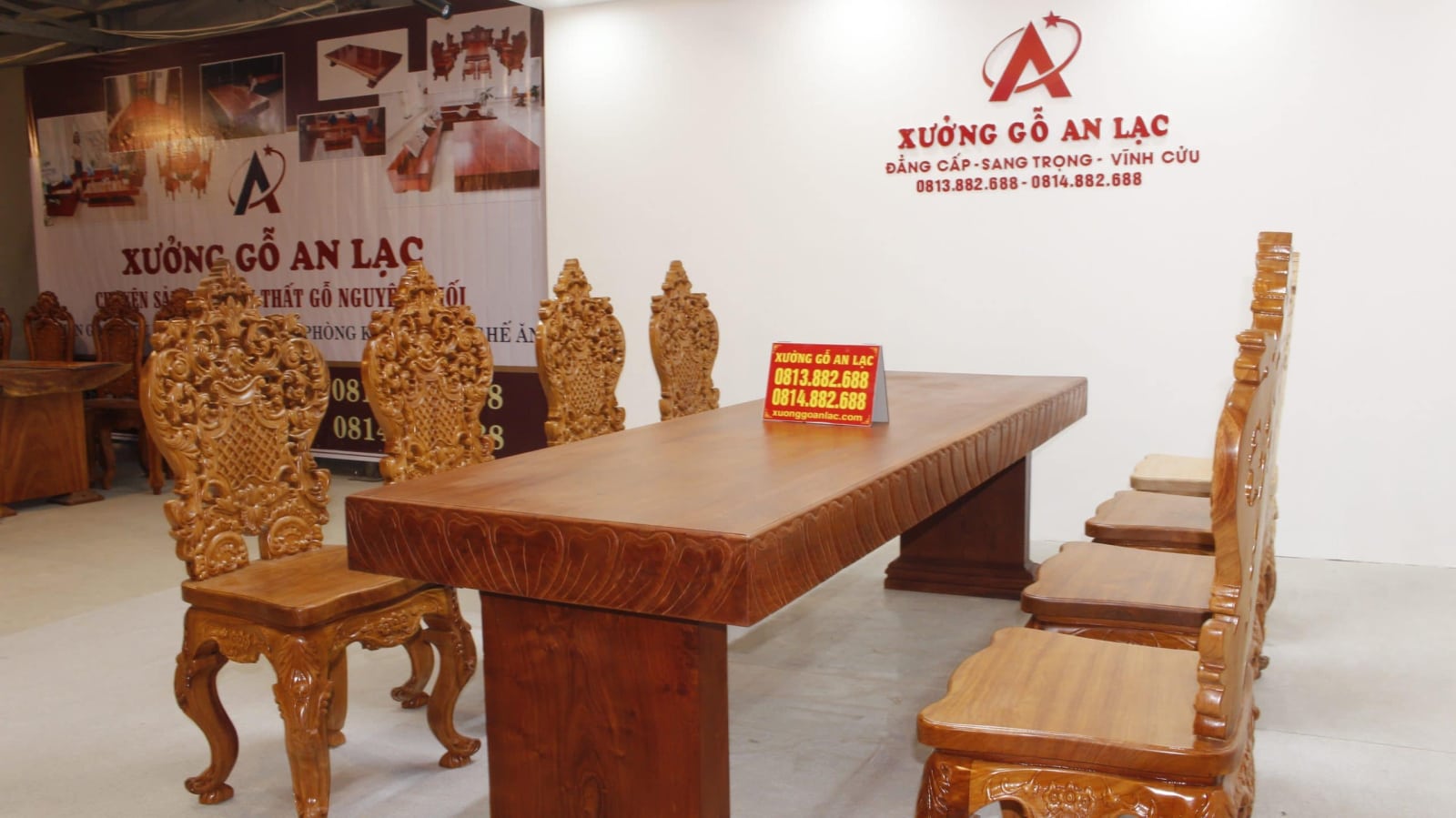 Bộ bàn ăn nguyên khối hương đá đục sen dẹo siêu đẹp với 8 ghế louis hoàng gia vip tựa cong 39 bàn ăn gỗ hương đá