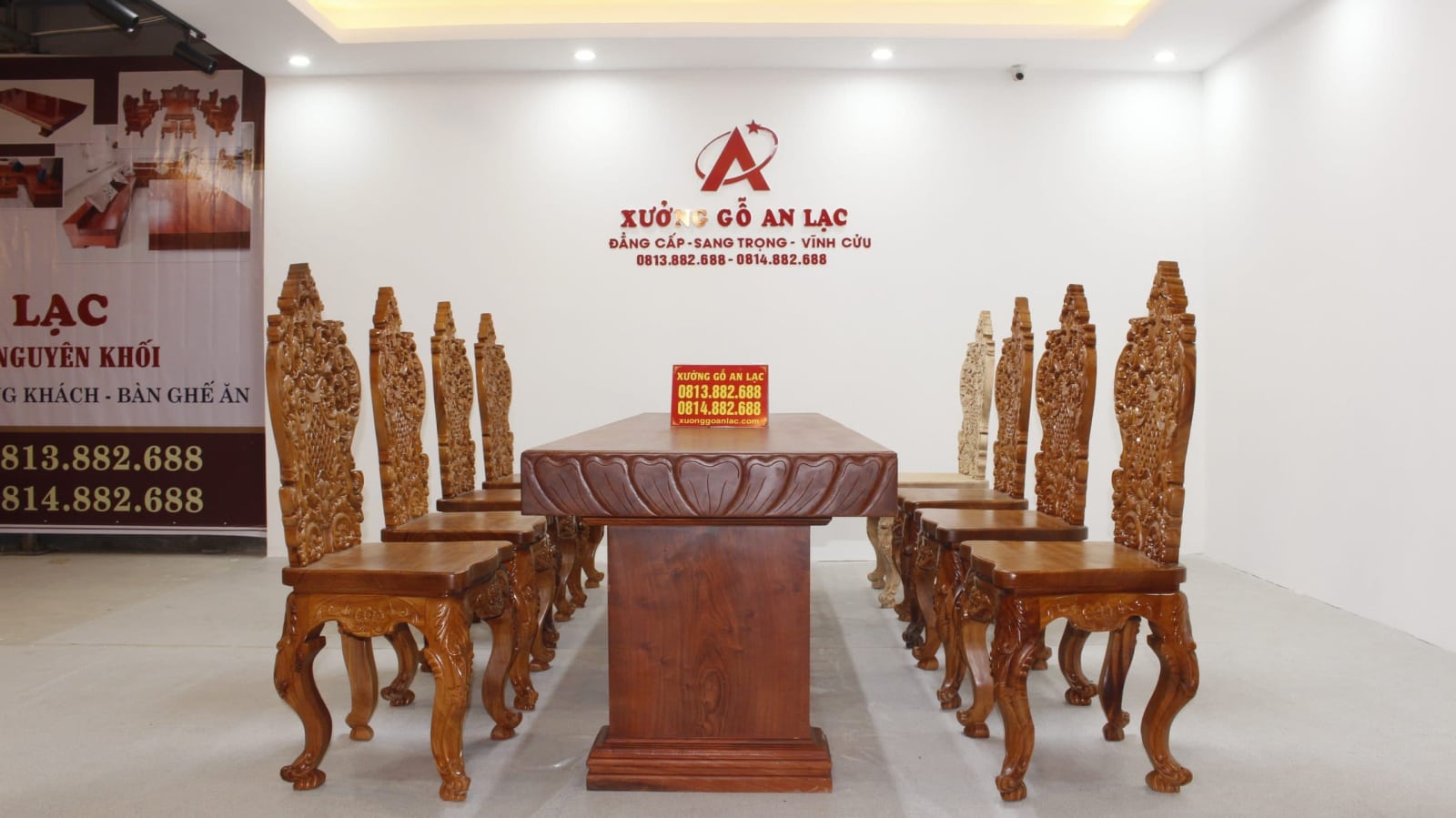 Bộ bàn ăn nguyên khối hương đá đục sen dẹo siêu đẹp với 8 ghế louis hoàng gia vip tựa cong 38 bàn ăn nguyên khối 8 ghế hoàng gia