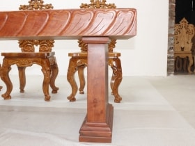 Bộ bàn ăn nguyên khối hương đá đục sen dẹo siêu đẹp với 8 ghế louis hoàng gia vip tựa cong 37 bàn nguyên khối đục sen dẹo