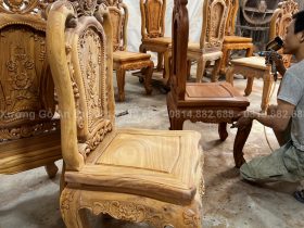 Ghế ăn hồng hạc gỗ gõ đỏ đục 2 mặt thủ công - giá rẻ 32 cột tựa và chương dày 5cm