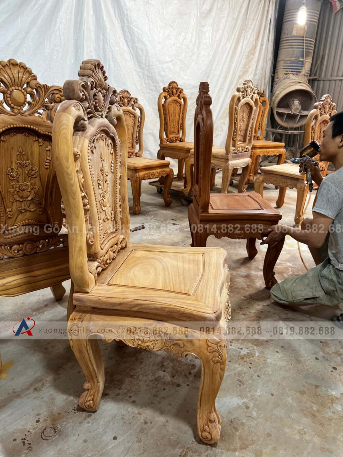 Ghế ăn hồng hạc gỗ gõ đỏ đục 2 mặt thủ công - giá rẻ 16 cột tựa và chương dày 5cm